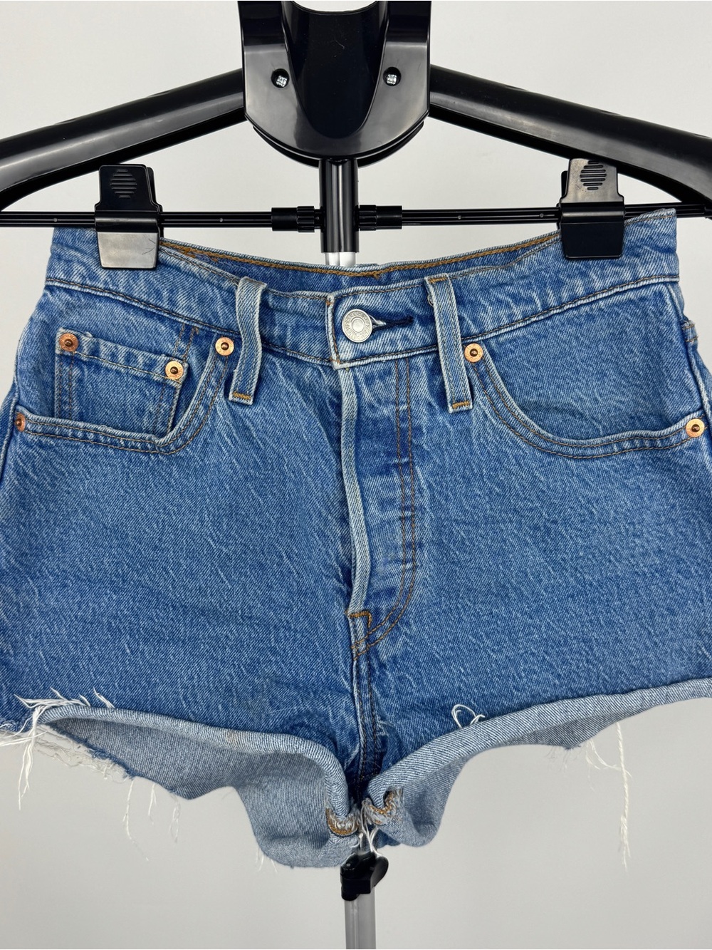 Levi 501 classic button fly high rise denim mini shorts